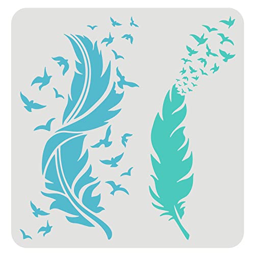 FINGERINSPIRE Feather Stencils for Painting 11.8x11.8inch Beautiful Feather Stencil Flying Bird Painting Stencil Bird's Feather Stencils for Painting on Wood, Canvas, Paper, Floor, Wall - color: Feather & Flying Bird