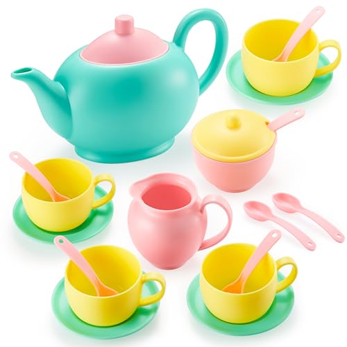 JOYIN 18PCS Pretend Tea Party Set Play Food Accessories BPA Free, Phthalates Free, Plastic Tea Set, Mini Kitchen for Kids, Gifts for Kid Boys Girls, Easter Birthday Gifts - style: Green Teapot