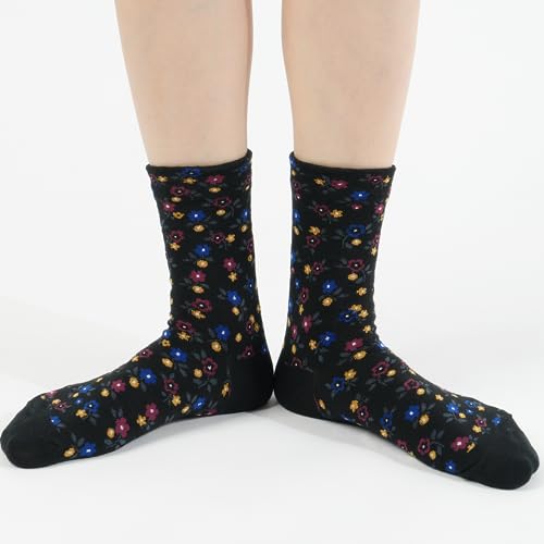 Womens Cotton Crew & Ankle Socks, Cute Floral Ruffle Colorful Tube Size 6-9 - color: Flower Print a