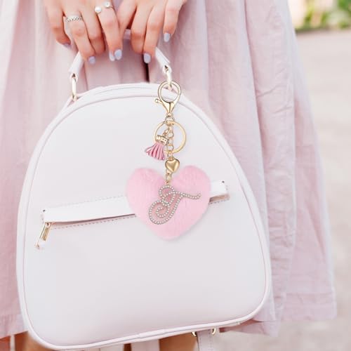Initial Letter Heart Pom Pom Keychain for Women Pink Soft Fluffy Ball Key Ring for Purse Backpack Handbag - color: T