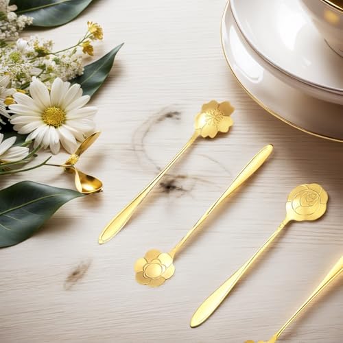 4 Pcs Mini Flower Spoon Coffee Teaspoon Stirring Spoon for Tea and Coffee Party, Desserts(Gold)