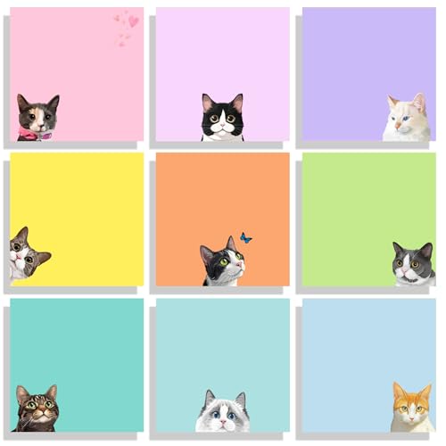 9 Pads Cute Sticky Notes Set, 3" x 3" Black Cat Self Stick Notepads, Funny Sticky Notes Set, Cat Stationery, Kawaii Adhesive Memo Pads, Cat Lover Gifts, Office Decor Desk Accessories, School Supplies - color: 9 Colors Cats