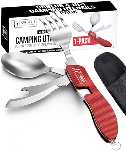Orblue 4-in-1 Camping Utensils, 1-Pack, Portable Stainless Steel Spoon, Fork, Knife & Bottle Opener Combo Set - Travel, Backpacking Cutlery Multitool, Red - color: 1-PACK Live Red