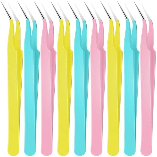 Honoson 9 Pcs Curved Pointed Craft Tweezers Precision Tweezer,3 Colors - color: Multiple Colors