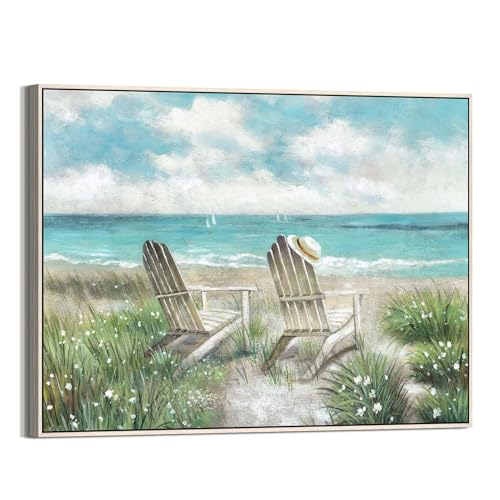 Coastal Wall Art Framed Painting: Beach Scene Ocean Canvas Picture Decor Large Seaside Chair Wave Artwork Sea Seascape Print for Living Room Bedroom 45 x 30 Inches - color: Beach Chair, size: 45"L x 30"W