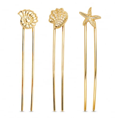 3PCS Ocean U Shaped Hair Pins for Women, Gold Shell Starfish Conch Bun Pins, Coastal Beach Hair Accessories, French Twist Hair Forks for Thick Thin Hair Summer Vacation - color: Gold