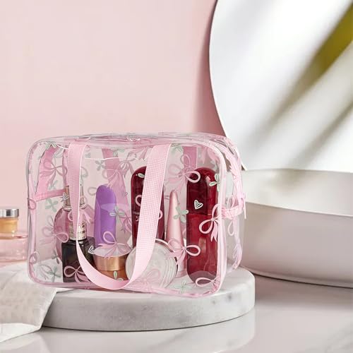 Flower Makeup Bag - Clear Printable Vinyl Cosmetic Pouch,11.81x4.3x8.26inches Waterproof Small Clear Gift Bags for Travel & Organizer (Pink Bow) - color: Pink Bow