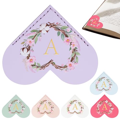 6 Pack Macaron Colorful Bookmarks,Heart Shape Leather Bookmark Set with Floral Initials,Cute UV Printed Design,Bulk Graduation Gifts for Students Teachers Book Lovers,Elegant Thank You Gift (A) - style: A