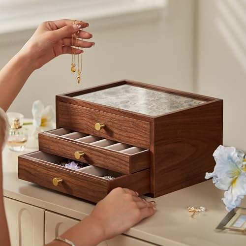 Black Walnut Wooden Women Jewelry Box with Glass Lid, 3 Layer - style: 3 Layer B