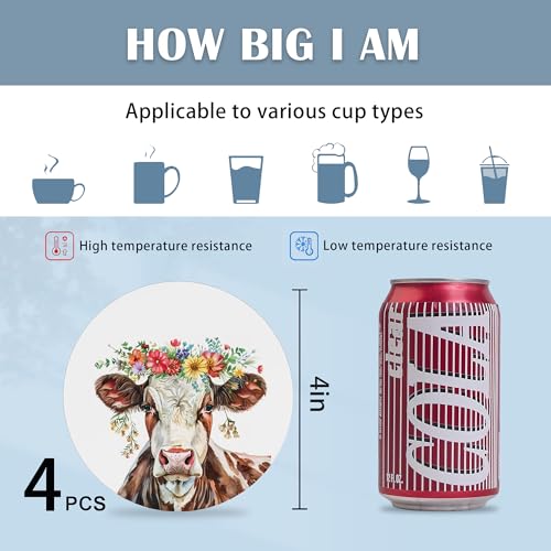 Drink Coasters Set of 4, Highland Cow with Flower Coasters for Drinks Ceramic Coasters with Cork Bottom for Kinds of Mugs and Cups,Home Decor,4'' - color: Highland Cow With Flower