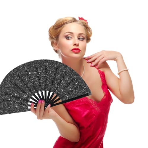 Large Folding Hand Fan Glitter Large Rave Hand Fan, Folding Shiny Hand Fan Clack Handheld Fan Women Handheld Fan with Bag for Festival, Disco Party, Club, Dance, EDM, Home Decoration(Black) - color: Black