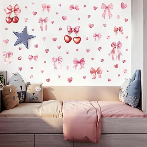 Cherry and Bow Wall Decals - 5 Sheets 68 Pcs Pink Bow Wall Stickers Coquette Bowknot Cherry Peel and Stick Wall Decals Sticker for Coquette Girls Bedroom Home Décor - color: Cherry Bow