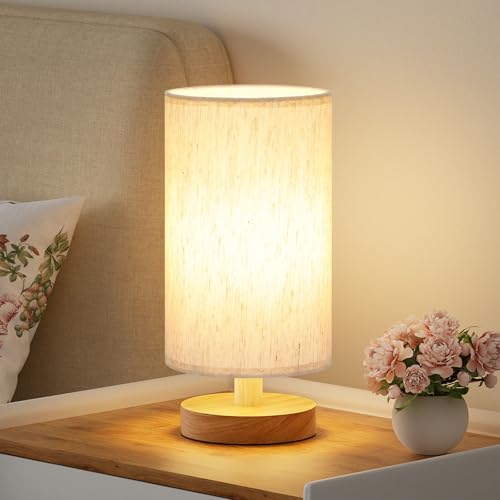Fenmzee 9" Small Table Lamp for Bedroom - Inline Control with 3000K Bulb - color: Cream Shade - Wood Base