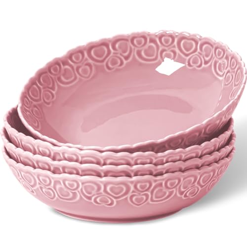 HOMBENE Heartbeat Pasta Bowls Set of 4, 40oz, Porcelain Wide and Shallow, Soup, Pasta, Noodle, Dinner, Large Salad Bowls Soup Bowl for Kitchen, Microwave & Dishwasher Safe (Peach Bloom Pink) - color: Peach Bloom Pink, size: 40oz
