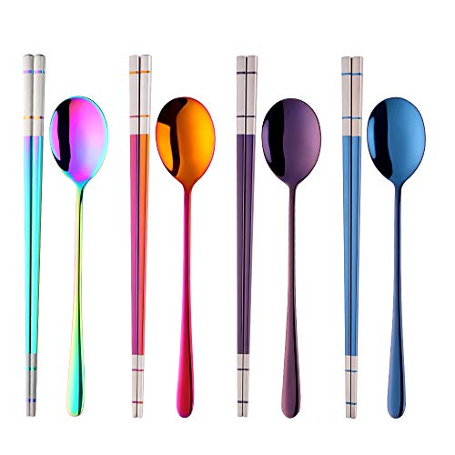 Buyer Star 4 color Square Chopsticks and Spoons Set Metal Stainless Steel Spoons Chopsticks Set - color: 4 color B-square chopstick and spoon