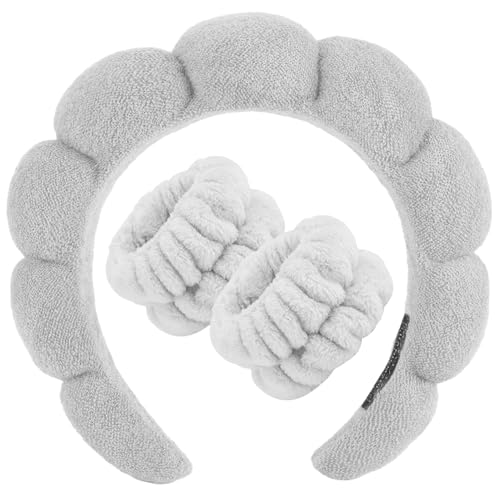 Zkptops Spa Headband for Washing Face Wristband Set Sponge Makeup Skincare Terry Cloth Bubble Soft Get Ready Hairband for Women Girl Puffy Padded Headwear Non Slip Thick Hair Accessory(Grey-2) - color: ZC Grey-2