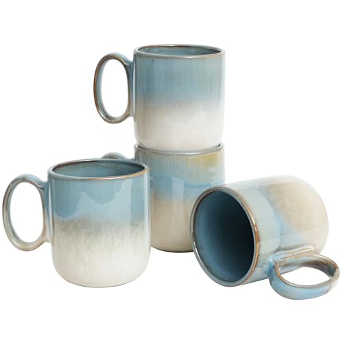 Bosmarlin Ceramic Coffee Mug Set of 4, 14 Oz, Coffee Cups with Big Handle, Microwave Safe, Unique Reactive Glaze (Teal) - color: Teal