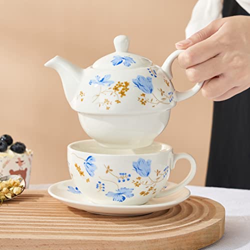 Tea for One Set, Porcelain Teapot and Cup Set, Teapot for One - color: Bule flower