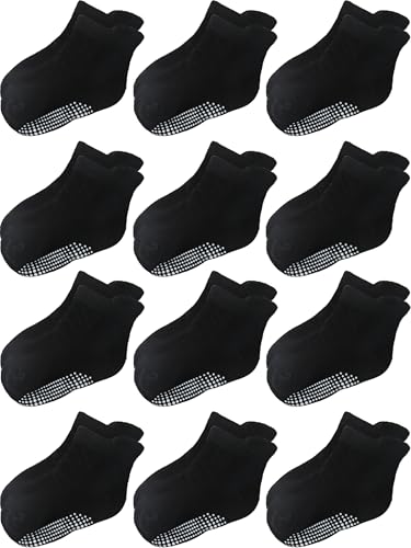 Aroveea Toddler Socks Non Slip Grip Baby Girls Kids Ankle Cute 12 Pack - color: Black, size: 6-12 Months