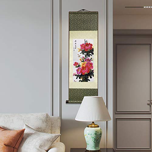 AtfArt Silk Scroll Painting, Asian Wall Art, Flower, 36.2x12in - color: C4