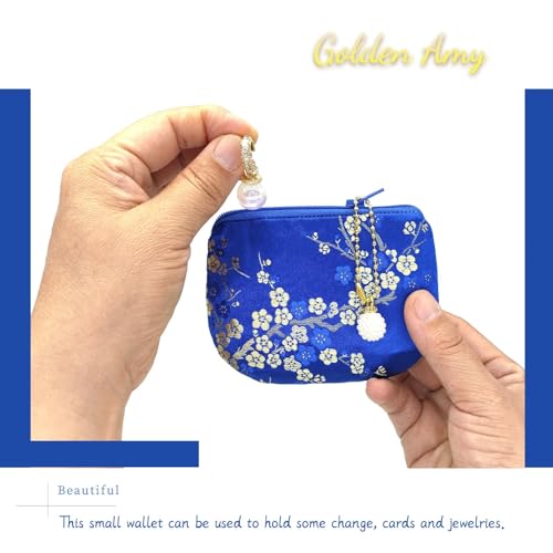 Handmade Women Coin Purse Brocade Rosary Bag Silk Jewelry Pouch Zipper Wallet - Blue - color: Blue