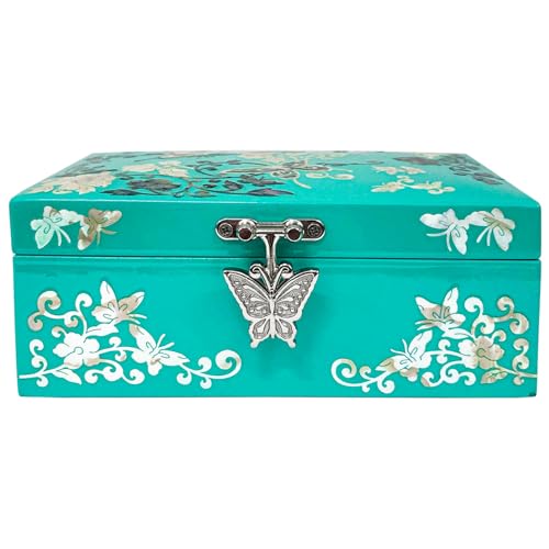 Mother of Pearl Jewelry Ring Necklace Mini Trinket Wooden Box - Inlay with Sea Shell Gifts for Women (Emerald) - color: Emerald
