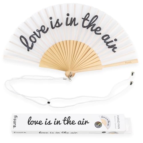 Fisura – Original white folding fan with message Love is in the air, wooden handheld fan for women, includes hanger, perfect for wedding, party, travel or romantic gift - color: Love is in the Air, Black and White