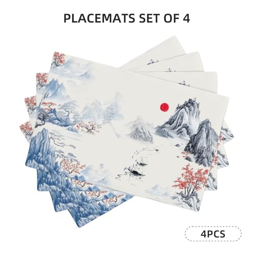Asian Landscape Placemats Set of 4, Linen Washable Table Mats 12 x 18 Inch, Ink Mountain Red Sun Place Mats for Dining Table Kitchen Zen Japanese Style Decor - color: Asian Landscape, size: 12x18"Placemats x4