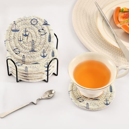 Nautical Lighthouses Drink Coasters Set - 6 Pcs Minimalist Woven Coasters with Holder for Home Decor, 3.94 Inch Absorbent Coasters for Drinks - color: I278