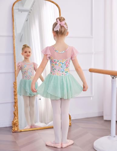 Zaclotre Girls Ballet Leotards Ruffle Sleeve Sparkle Dance Leotard - color: Aqua Pink Floral, size: 6-7 Years