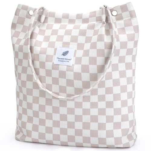 Ayieyill Corduroy Tote Bag for Women Canvas Shoulder Cord Purse with Inner Pocket - color: Pink/Grid