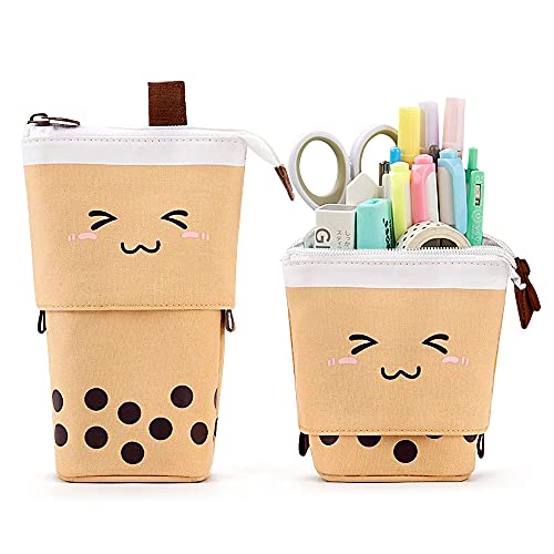 Cute Standing Pencil Case Pen Holder for Kids, Pop Up Stand UP Bubble Tea Pen Organizer Kawaii Stationary for Christmas Holiday New Year Office (Brown) - color: Brown