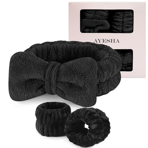 Ayesha Spa Headband and Wristband Set for Washing Face Skincare Makeup - color: Black set