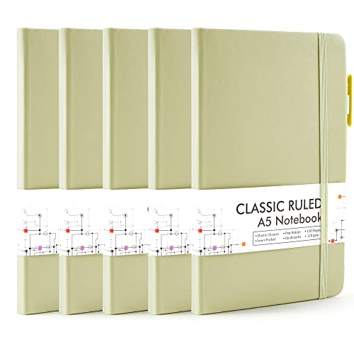 feela 5 Pack Notebooks Journals Bulk, Hardcover Classic Ruled Lined Journals with Pen Holder for Women Girls School Business Supplies, with 5 Black Pens, 120 GSM, 5.1”x8.3”, A5, Avocado Green - color: 5 Avocado Green