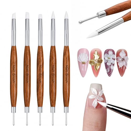 5Pcs Dual-Ended Nail Art Sculpting Tools Silicone Nail Tools for 3D Gel Carving Embossing Gel Mixing Chrome Powder Application Flower Dotting Manicure Design Pen