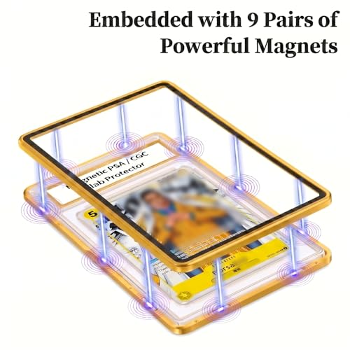Magnetic PSA/CGC Slab Protector with Foldable Kickstand - UV Protection Tempered Glass & Aluminum Metal Bumper for 35PT PSA CGC CSG AGS, 9-Point Secure Lock Display Guard & Clear View (Yellow) - color: Yellow, size: PSA Card Case