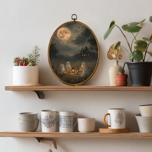 Ghost Tea Party Oval Wall Art, Framed Canvas Decor, 8.5x11.5 Inch - color: Ghost Tea Party Haunted House