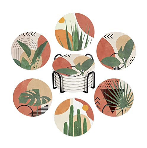 HUXJOKO Coasters for Drinks Set of 6,Modern Boho Tropical Leaves Absorbent Ceramic Coaster,Round Stone Mat,with Cork Base and Metal Holder for Coffee Table Room Bar Home Decor Housewarming Gifts - color: Boho Tropical Leaves, size: Round