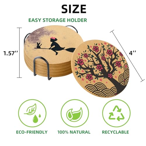 Coasters for Drinks with Holder Set of 6, Japanese Cork Coasters Absorbent Animation for Office Desk Cup Table Coaster Kitchen Decor Inspired House Warming Gifts for New Home Couples, Round 4" - color: Japanese