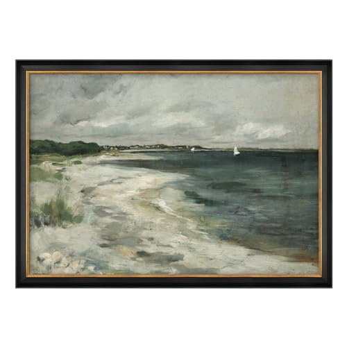 MUDECOR Premium Framed Wall Art Ocean Wave Beach Shore Landscape Nature Wilderness Illustrations Fine Art Decorative Farmhouse/Country Multicolor Zen for Living Room, Bedroom, Office - 26"x36" Black - color: A07-2308-na33, size: 36"L x 26"W, style: Black
