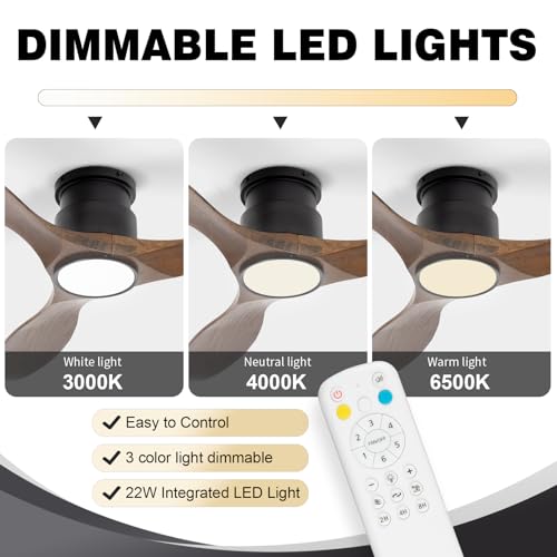 52'' Amber Ceiling Fan with Lights, Low Profile Flush Mount - color: Flush Mount - Amber wood - pointed