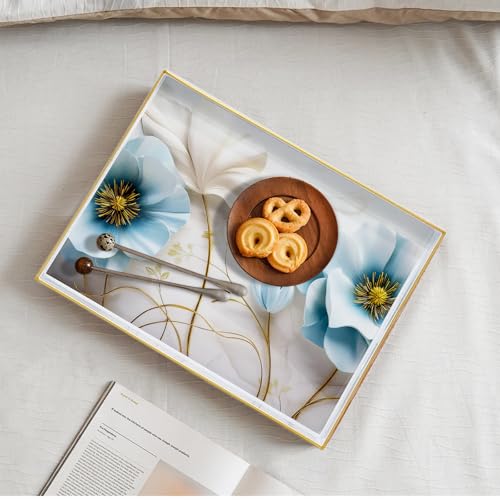 Serving Tray with Handles, 15.7 * 11.8 inches, Plastic Ottoman Tray with Exquisite Paintings, Trays for Coffee Table - color: Blue Flower