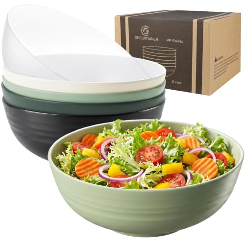 Greentainer Unbreakable Large Salad Bowls, 76 oz Plastic Serving Bowl Set of 6, Lightweight Bowls for Soup, Cereal, Fruit, Popcorn, Dishwasher & Microwave Safe - color: Green