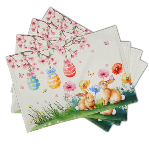 Giwawa Easter Placemats Set of 4 Spring Bunny Rabbits Flowers Place Mat 12x18 Inch Colorful Eggs Tree Floral Table Mats Washable Satin Resistance for Party Kitchen Dining Holiday Decor - color: Easter