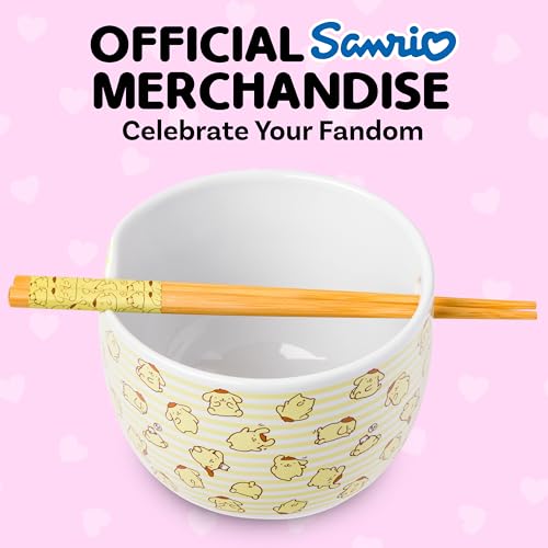 Silver Buffalo Sanrio Hello Kitty and Friends Pompompurin Pattern Ceramic Ramen Noodle Rice Bowl with Chopsticks, Microwave Safe, 20 Ounces - color: Pompompurin Pattern, size: 20 Ounces (No Spoon)