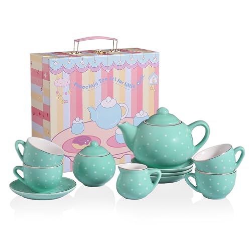 Sweejar Porcelain Tea Set for Little Girls,Kitchen Toys Tea Party Set for Kids Toddler Kitchen Pretend Toy Include Children Teapot, Cup & Saucer Sugar Bowl and Cream Pitcher(Turquoise Polka Dot) - color: Turquoise, style: Polka Dot