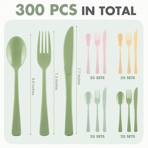Kochorie 300 Pieces Sage Green and Pink Plastic Silverware, Disposable Plastic Utensils, Heavy Duty Cutlery Set Heavyweight Flatware Includes Spoons Forks Knives for Birthday Wedding Party Supplies - color: Sage Green, Pink