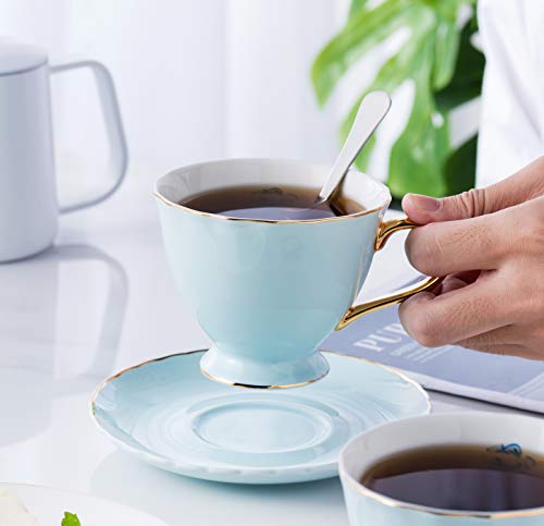 Jusalpha Blue Porcelain Tea Cup and Saucer Set - color: Blue.