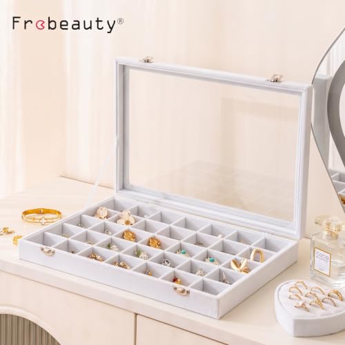 Frebeauty 35 Grid Earring Organizer,Velvet Jewelry Tray with Clear Lid - color: White, size: 35 Grid