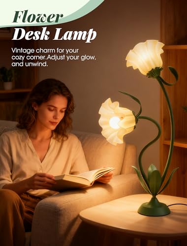 Flower Desk Lamp, Vintage Table Lamp for Bedroom, Flexible Reading Light with 3 Color Modes, Unique Aesthetic Home Living Room Decor Dorm Essentials, Mothers Day Gift for Mom, Birthday Gift for Women